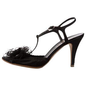 Chanel Camellia Interlocking CC Logo Black Satin Slingback Sandals